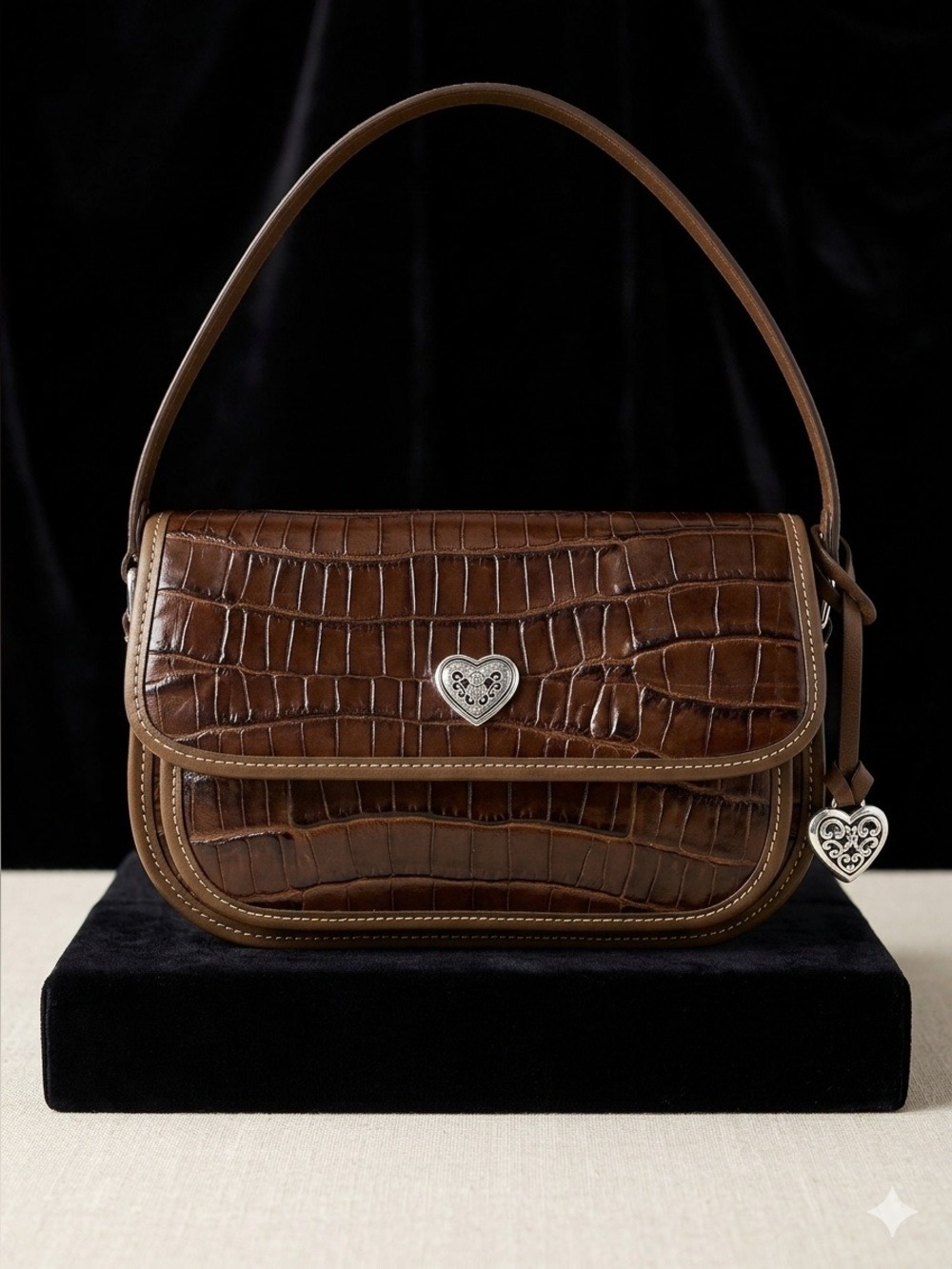 Brighton Croc Embossed Leather Flap Shoulder Bag Brown Silver Heart